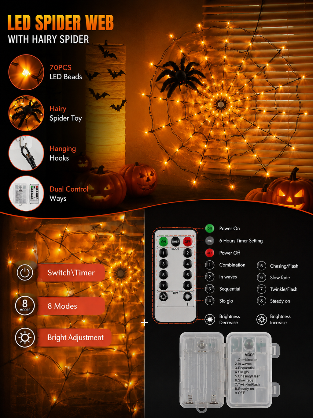 3.28FT LED Spider Web with Hairy Spider