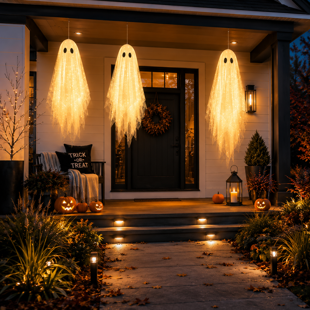 3-Pack Light-Up Hanging Ghosts – Remote & Timer