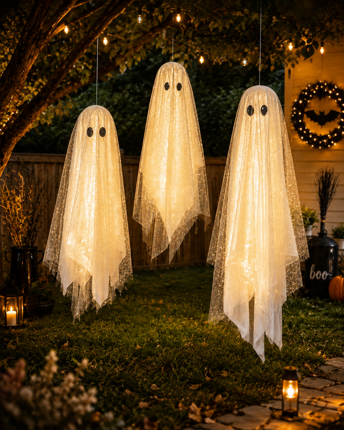 3-Pack Light-Up Hanging Ghosts – Remote & Timer