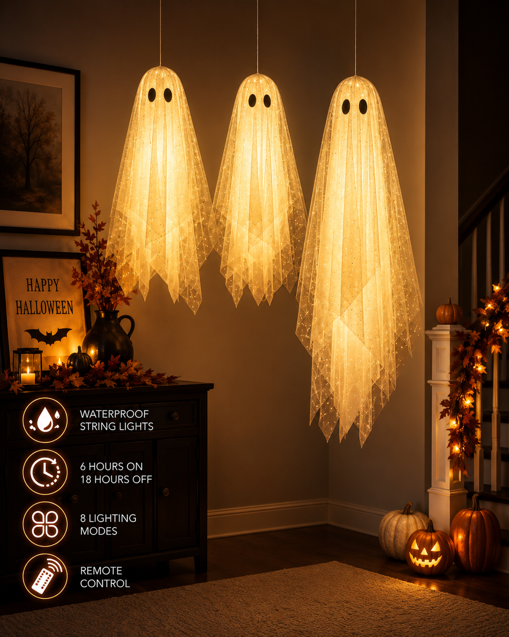 3-Pack Light-Up Hanging Ghosts – Remote & Timer
